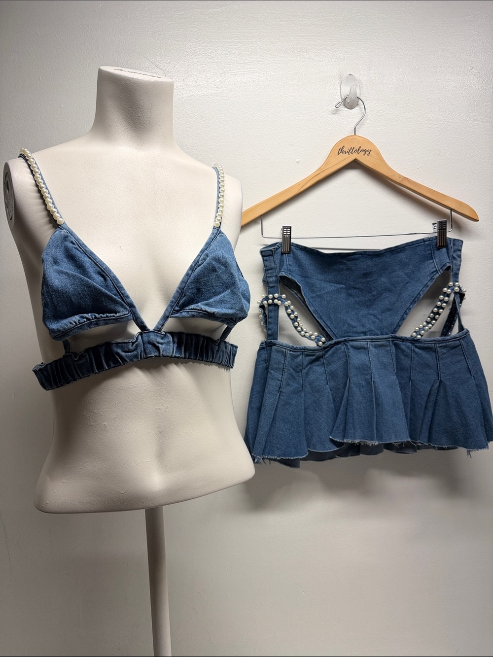 Banjul 2 Piece Skirt Top Bikini Cut Out Pearl Raw Hem Pleated Denim Blue Large